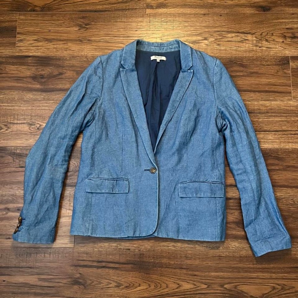Madewell Blue Linen Blend Tailored Chambray‎ Blazer Cotton Linen Jacket Women 10